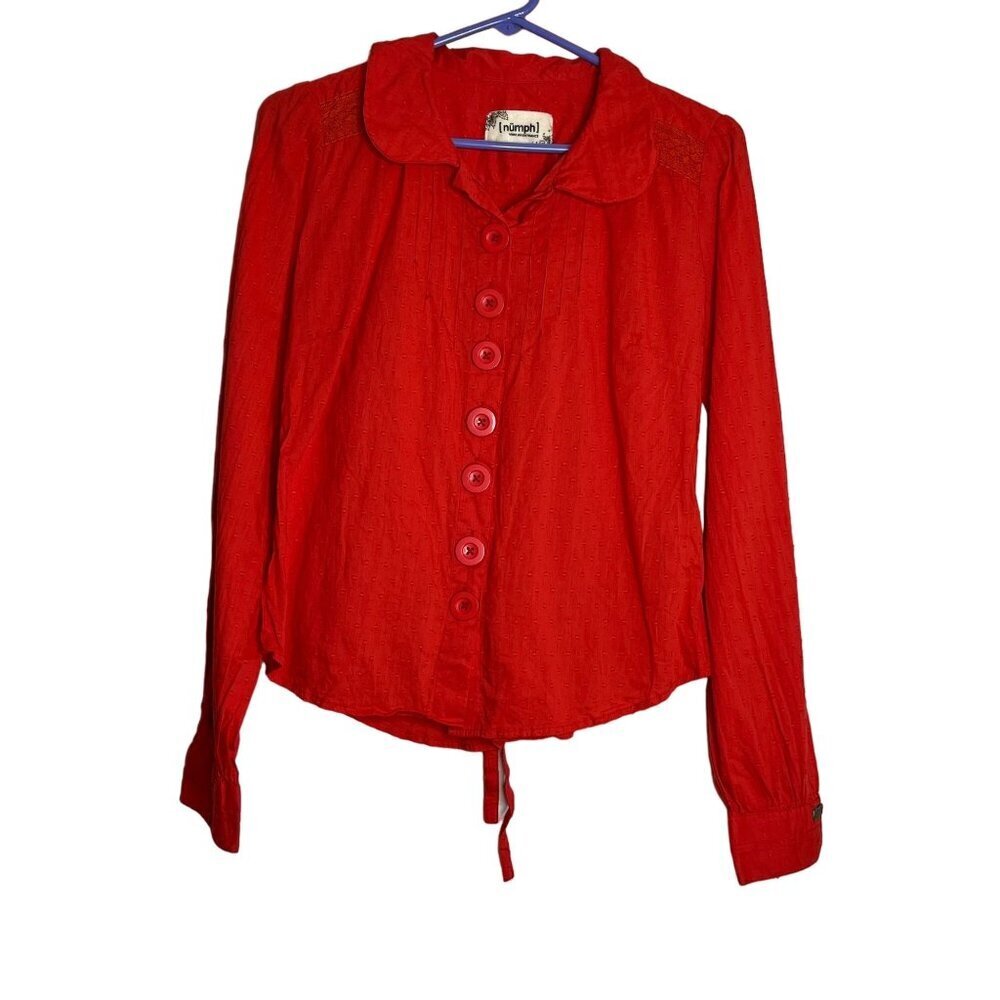 Numph Collared Button Down Cotton Blouse Tie Back Long Sleeve Coral Red 36/ US M